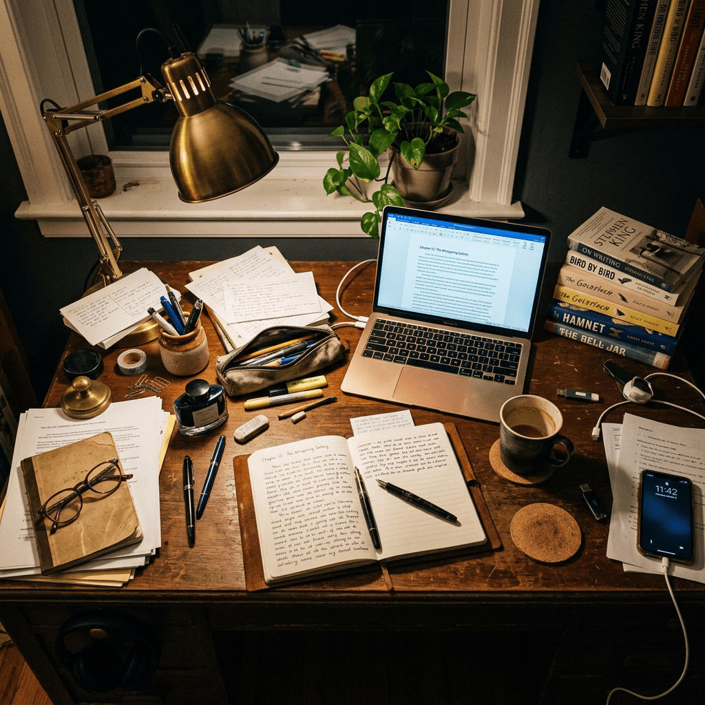 Desk with laptop, open notebook, pens, books, desk lamp, and coffee cup