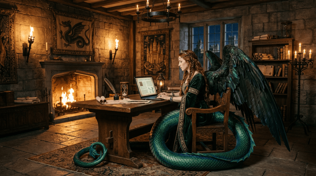 A woman with dark wings and a green serpent tail sitting at a wooden table in a medieval-style room, working on a laptop