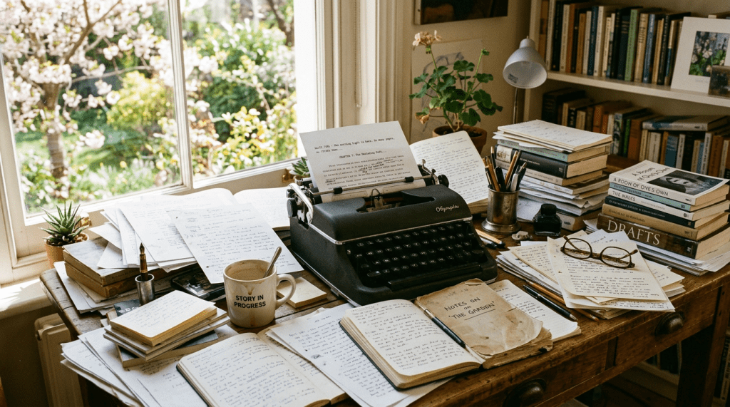 Vintage typewriter on wooden desk surrounded by notebooks, papers, coffee cup, books, and plants near window