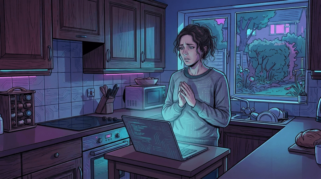 Woman looking surprised as pots and pans float around her in a kitchen