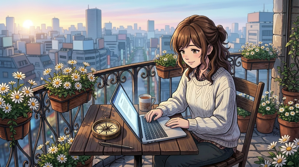 Woman writing in journal on a balcony with potted daisies and city sunset