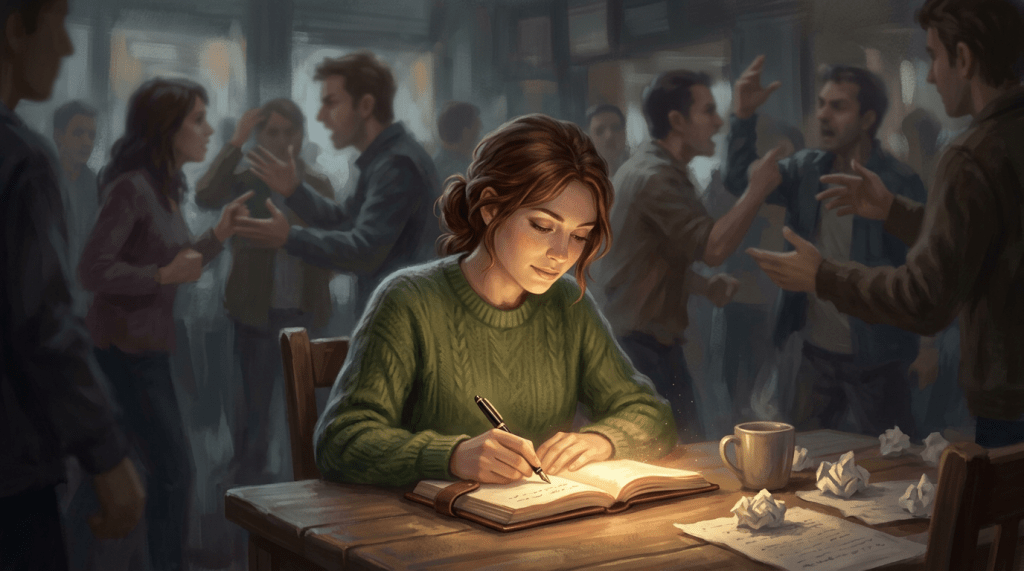 Woman writing in a journal at a wooden table with people arguing in background