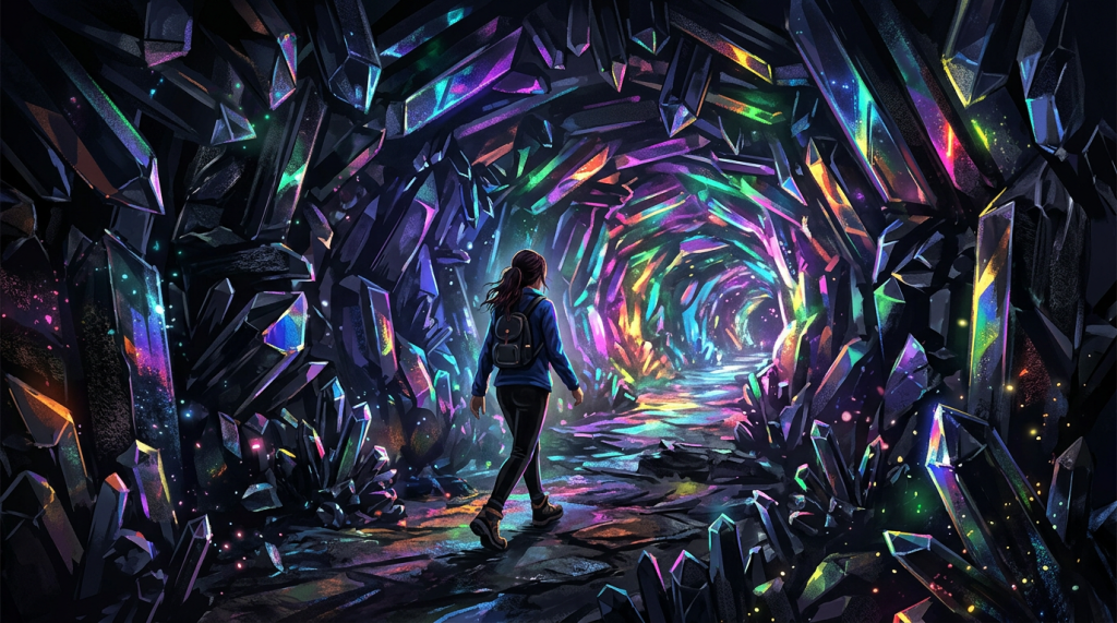 Person walking inside a crystal cave tunnel illuminated by multicolored lights