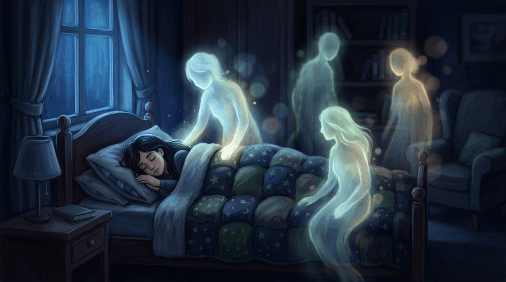 A girl sleeping in bed surrounded by glowing translucent spirits in a dimly lit room