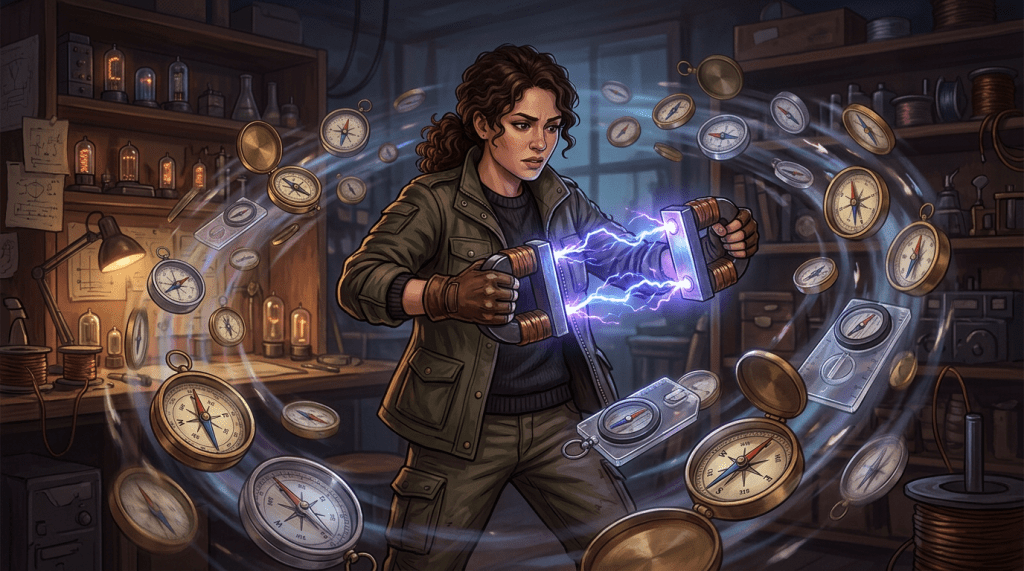 Woman using handheld devices to create electric field with floating compasses swirling around.