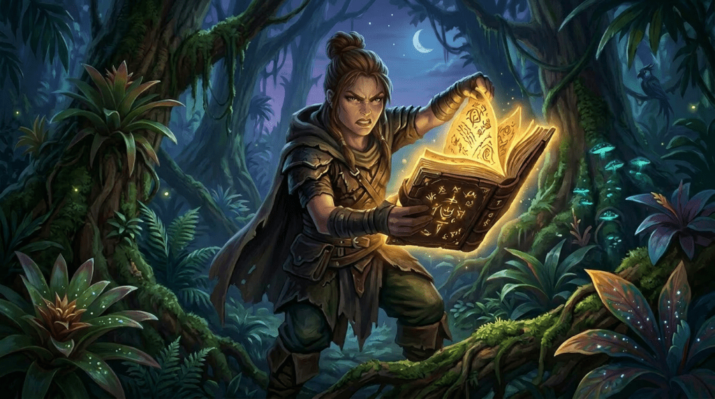Mage in forest reading glowing magic book under moonlight