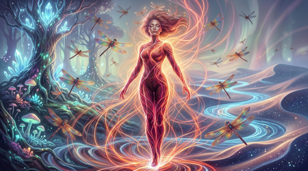 Glowing humanoid figure emitting red and blue energy streams in outer space