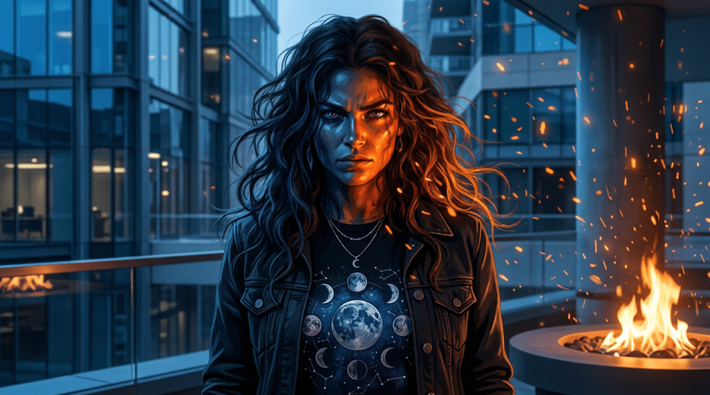 Determined warrior woman with long hair standing near a fire with glowing embers