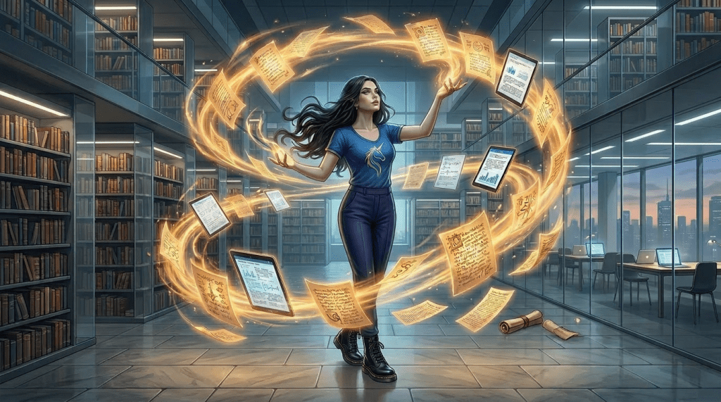 Sorceress in elaborate robes casting a magical spell with glowing scrolls swirling around her in a stone library.