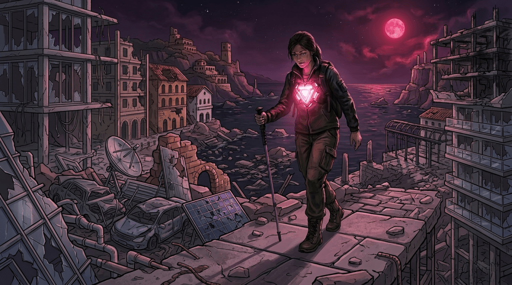 Woman walking through ruins at night with glowing chest light and walking stick