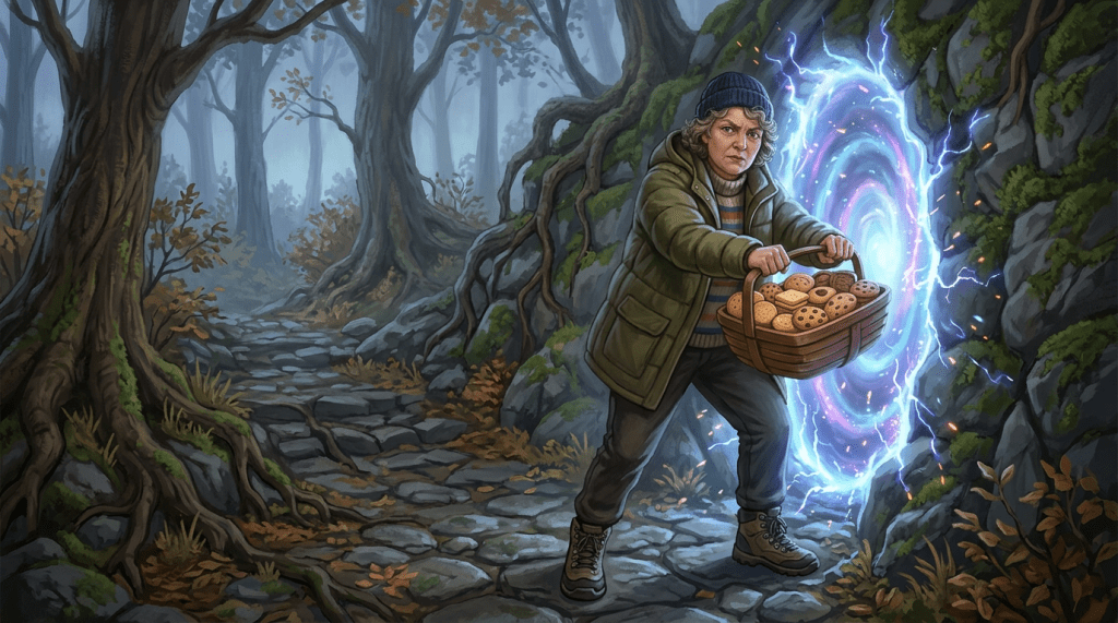 Woman holding a basket of cookies stepping through a glowing magical portal in a forest