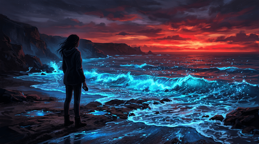 Silhouetted person watching bioluminescent waves on rocky shore with a vibrant sunset