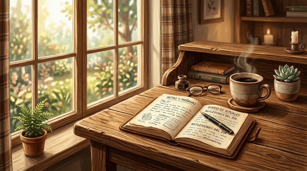 Cotillear el diario Wooden desk with an open journal, pen, eyeglasses, steaming coffee cup, succulent plant, and books near a window