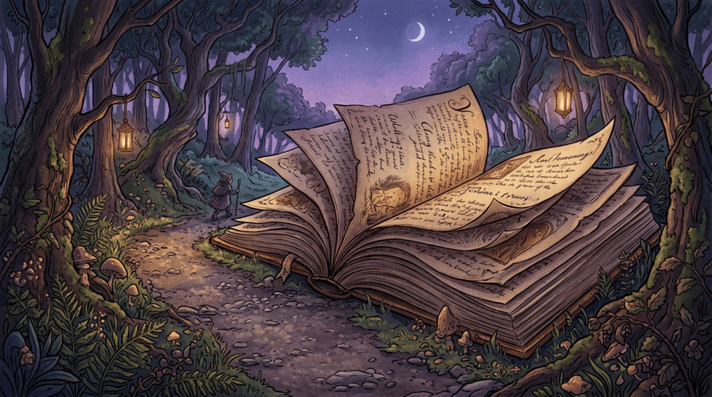 Leer las historias A large open book with glowing pages lies along a forest path at night, surrounded by trees and lanterns.