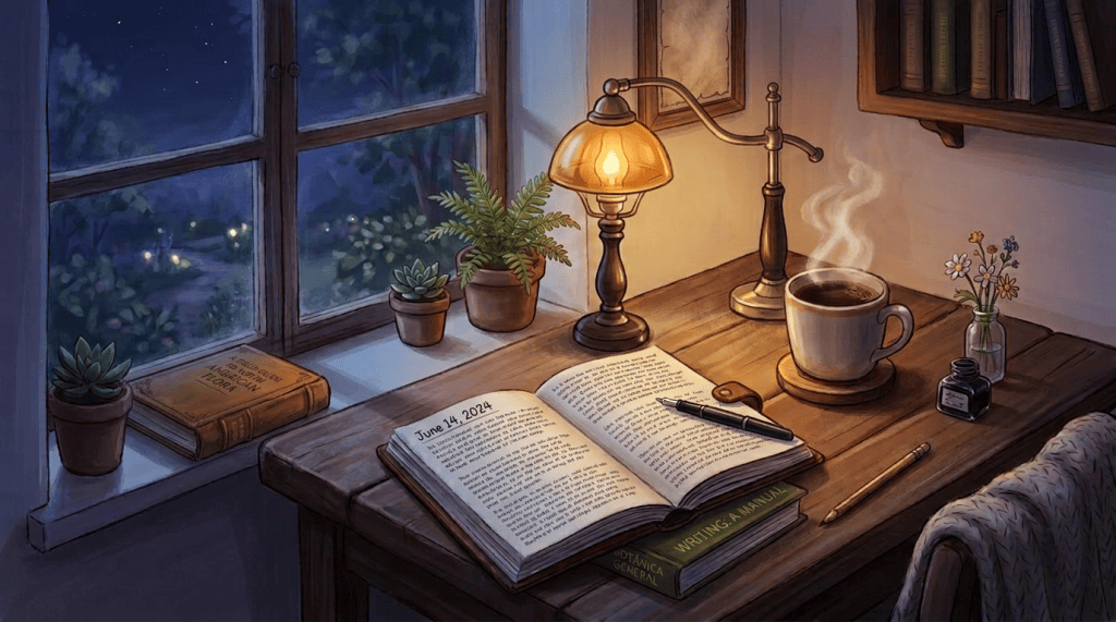 Entra en el taller Open journal with writing and drawings on wooden desk beside steaming coffee, plants, and a lit candle