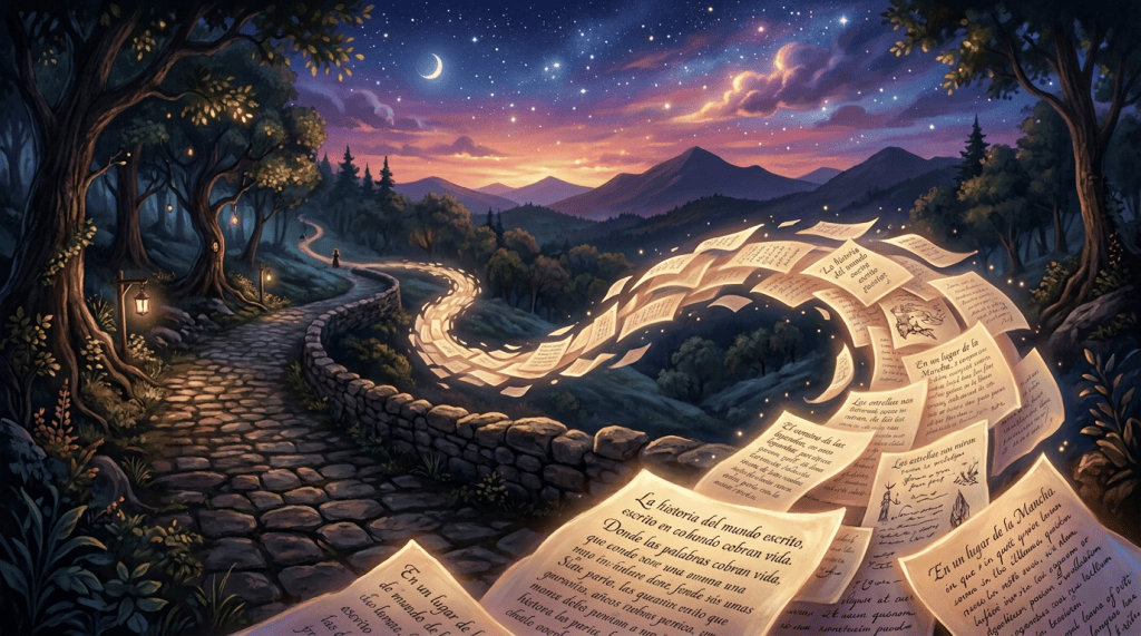 Leer los poemas Winding stone path beside glowing floating scrolls with handwritten text in a forest at dusk