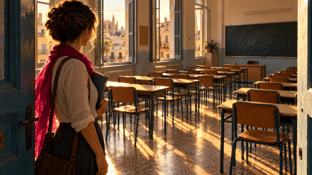 Una mujer con pañuelo magenta, de espaldas en la puerta de un aula vacía, contempla los pupitres bañados por la luz del atardecer. Por la ventana se ve la catedral de Palma.